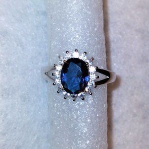 Brand New Beautiful Rhodium Plated Oval Royal Blue Cubic Zirconia Ring - Size 8